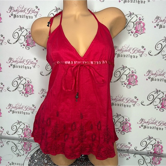 Guess tank top boho embroidered bottom paisley print beaded ties red halter - Picture 1 of 12